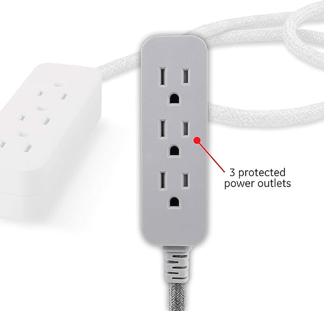 GE Pro 3 Outlet Surge Protector Power Strip, 8 Ft Designer Braided Extension Cord, Flat Plug, Wall Mount, Heather Gray, 45916