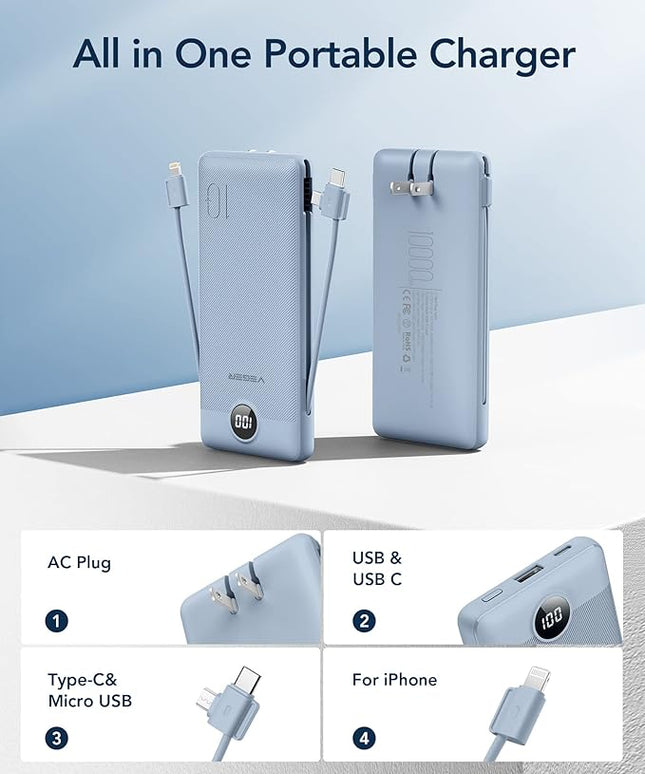 VEGER Portable Charger for iPhone Built in Cables and Wall Plug, 10000mah Slim Fast Charging USB C Power Bank, Travel Essential Battery Pack Compatible with iPhones, iPad, Samsung More Devices(Blue)