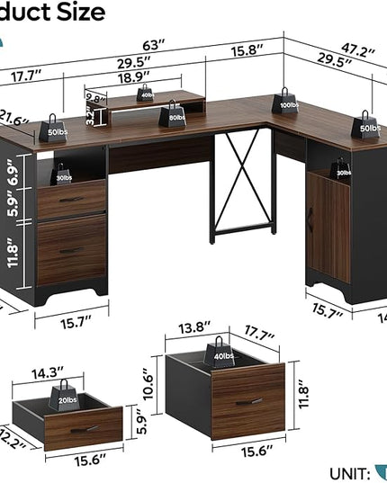 Bestier L Shaped Desk with File Drawers, 63" x 47" Office Computer Desk with Storage Cabinet, Corner Desk with Monitor Stand & Modesty Panel for Home Office, Cherry