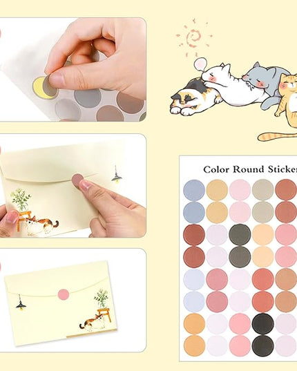 37 Pcs Stationery Paper Envelopes Set Includes 24 Lined Writing Paper & 12 Envelopes with 48 Colorful Round Dot Stickers, Cute Vintage Cat Letter Writing and Stationery Paper Envelopes(4Style)