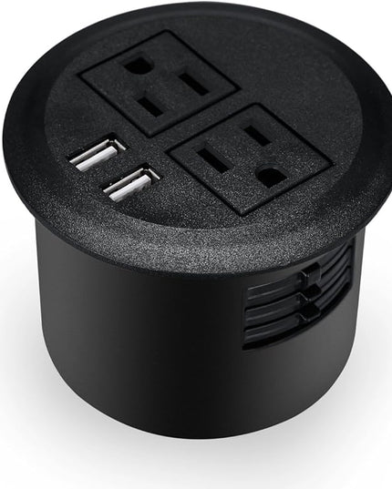 Kungfuking Desktop Power Grommet Power Outlet Socket Desk Data Center 2 Outlet with 2 USB Ports with 10 FT Extension Cord Black