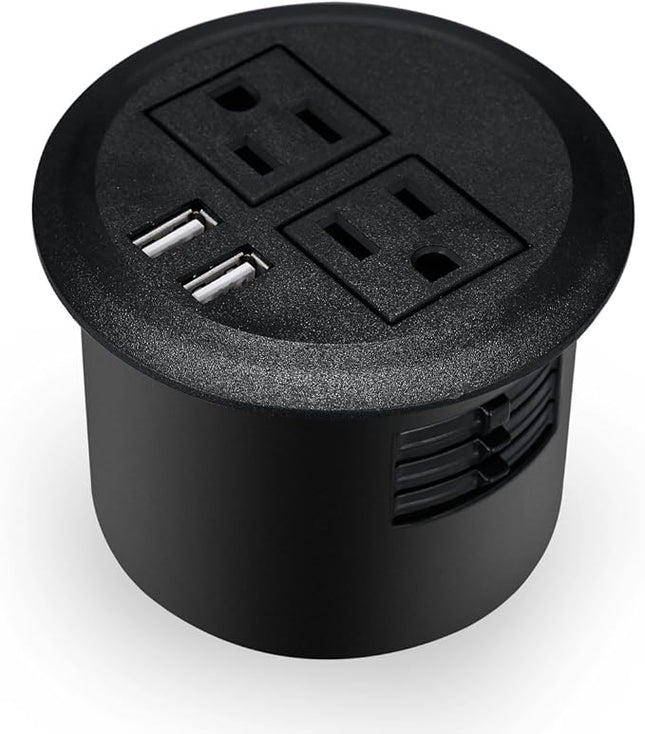 Kungfuking Desktop Power Grommet Power Outlet Socket Desk Data Center 2 Outlet with 2 USB Ports with 10 FT Extension Cord Black