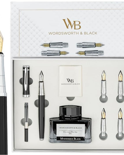 Wordsworth & Black Fountain Pen Gift Set, Includes Ink Bottle, 6 Ink Cartridges & A Refill Converter, 4 Replacement Nibs, Premium Package, Journaling, Calligraphy, Smooth Writing Pens [Black Chrome]