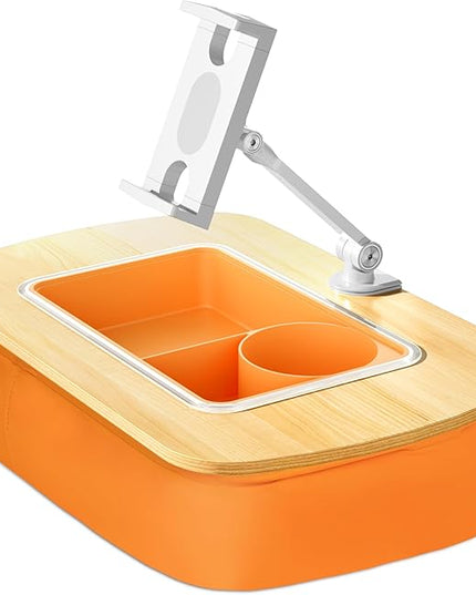 Tablet Pillow Stand for Lap Use with Snack Bowl and 360° Rotating Arm, Adjustable iPad Holder for Bed, Couch, and Recliner, Compatible with 4.7"-13" Kindle, iPad, Tablet, Phone,Orange