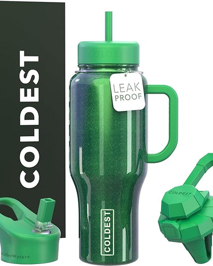 Coldest Tumbler with Handle and Straw, 100% Leak Proof Insulated Tumbler with Lid and Straw (3 Lids), Stainless Steel Tumblers for Women & Men, Cup Holder Friendly, 36 oz (Enchanted Green)