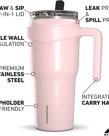 Hydrapeak Roadster 40oz Stainless Steel Tumbler Double Wall Vacuum Insulated Water Bottle With Handle And 2 in 1 Straw Lid (Seashell)