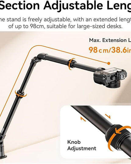 ULANZI ZJ02 Camera Desk Mount Overhead Magic Arm, 98cm/38.6inch Aluminum Adjustable Articulating Arm with 1/4" Ball Head for Cameras DSLR Lights Mount for Live Streaming/Photo Video Shooting