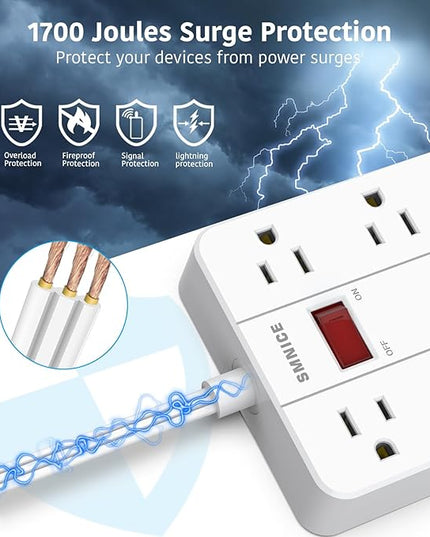 Flat Plug Extension Cord 15 Ft, SMNICE Surge Protector Power Strip with 8 Widely Spaced Outlets and 6 USB(1USB C) Ports, Wall Mount Long Charging Station for Dorm Home, Office Accessories, White