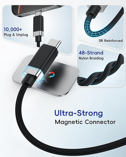Magtame StayCable 2Pack USB A to USB C Cable with Magnetic Holder 3.3FT, Anti-Drop 3A Fast Charging and Data Sync Type C Cable, Braid Charger Cord for iPhone 17 16, Bedside, Desk, Car Cord Management