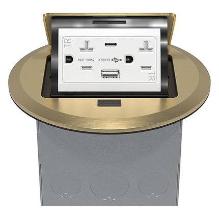 TG Round Pop-Up Floor Box Kit with USB Type A/C, 20A Tamper-Resistant Receptacle Outlet, Outlet Cover Box, USB Port Type A Type C, 36AC, Watertight Gasket and Corrosive Resistant Hardware, Brass