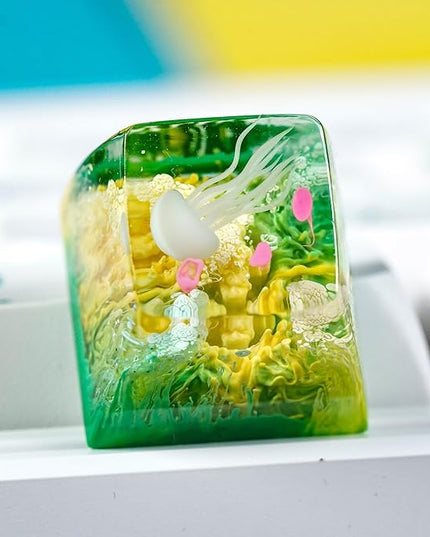 Jellyfish Artisan Keycap Yellow Green Coral Reef R1 SA Profile Custom Sea Creature Keycaps 1U ESC Handmade Gaming Resin Key Cap Cherry MX Switch Compatible Mechanical Keyboard Jellyfish Lover Gift
