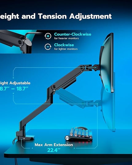ARES WING Ultrawide Monitor Arm with USB A/C, for 17 to 49 inch Heavy Duty Screen, Holds 44 lbs, Adjustable Gas Spring Arm Desk Mount with Clamp and Grommet Base, Black