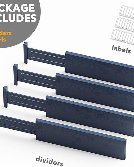 SpaceAid Bamboo 4 Pack Dresser Drawer Dividers, 4.65“ High Adjustable 17“-22” Drawer Organizers, Expandable Organization for Clothing, Clothes, Dressers, Navy Blue