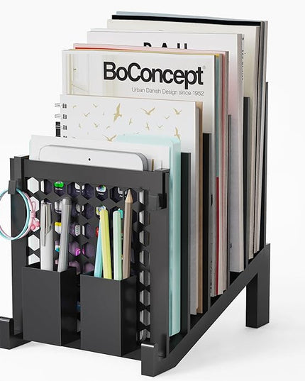 File Organizer for Desk with Storage Box & Hook, Inclined Desk File Organizer with 5-Section Vertical File Holder suitable for Home Office Document Organization（Black）