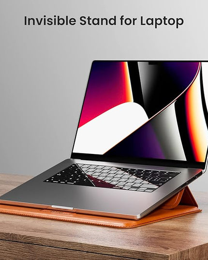INVZI MacBook Sleeve, Vegan Leather Bag Compatible with 15”/16" MacBook Pro M3/M2/M1/Max 2024-2019, Compact Design with Invisible Stand (Saddle Brown)