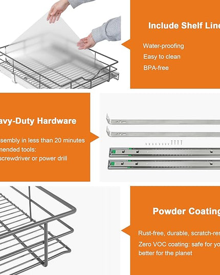ALINE FURNITURE Pull Out Shelves - 14" W x 22" D Soft Close Pull Out Cabinet Organizer 1 Tier - Slide Out Drawers with Shelf Liner, Heavy Duty Steel Wire Baskets for Kitchen Cabinets, Pantry, Bathroom