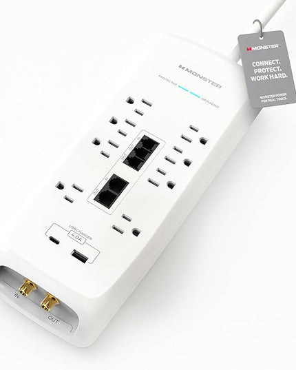 Monster Power Surge Protector w/ 4,050 Jules Rating — Heavy Duty Power Strips with Surge Protection, 8 Outlets, USB-A & USB-C, 2 Coax, 5 Ethernet Ports, Fireproof MOV, Dual Mode (6FT Cord, White)