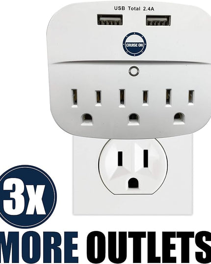 Cruise Approved Power Strip - Non Surge Protector for Cruise Ship with 2 USB Outlets - Cruise Ship Essentials 2026 for Carnival, Princess, Norwegian, Holland America, MSC & Major Cruise Lines (White)