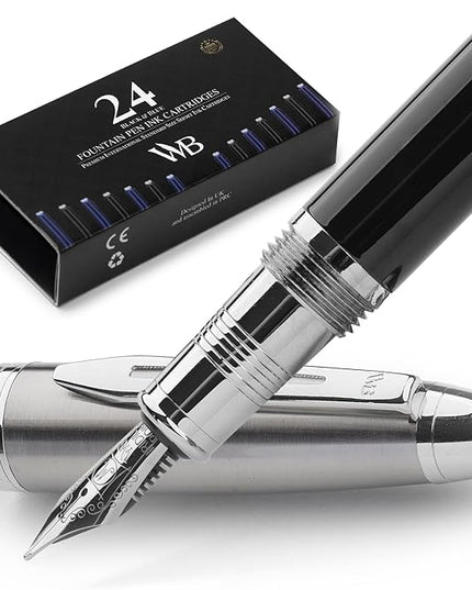 Wordsworth & Black Majesti Fountain Pen-(Black Chrome), Luxury Case, Stainless Steel; Medium Nib- Ink Cartridges, Refillable Ink Converter-Calligraphy Pen-Best Business Gift Set for Men & Women