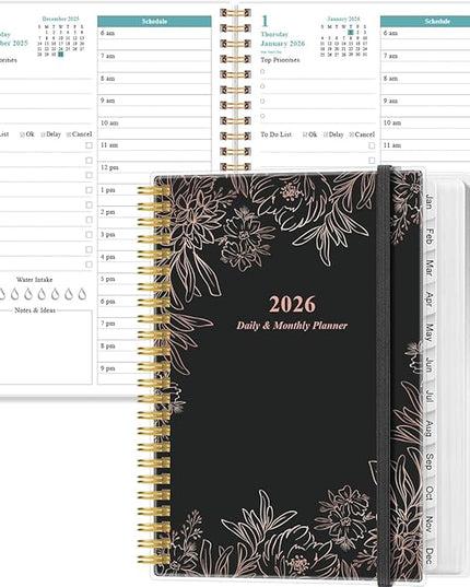 Daily Planner 2026 Full Page Per Day- 2026 Daily & Monthly Planner from January 2026 to December 2026, Day Planner 2026 with 12 Months Tabs, 6.4" x 8,5", Black Flowers