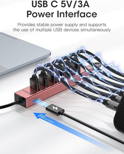 FORIDA USB C Hub-8 Port USB HUB with 7 USB3.0 Data Ports,Aluminum Alloy USBC Splitter with Type C 5V/3A Power Port Compatible with MacBook,iPad,Surface Pro,Laptop,PC (Rose Gold,USB C-9.8in)