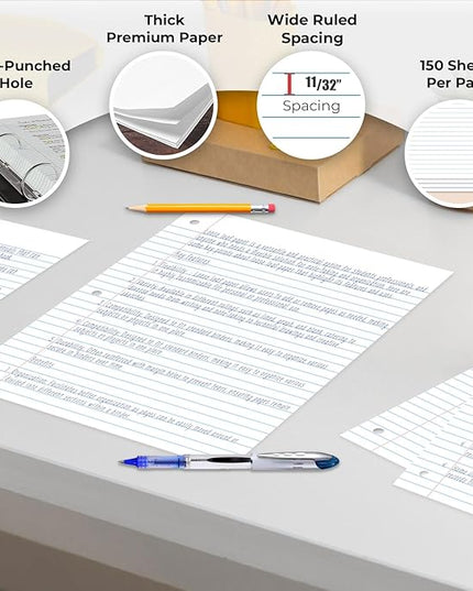 Rosmonde Loose Leaf Paper, 900 Sheets, 6 Pack, Wide Ruled, 8" x 10.5", 56 gsm Bulk Office Filler Sheets, 3 Hole Punched, 150 Sheets/Pack, Wide Ruled for 3 Ring Binder, Notebook Paper, White