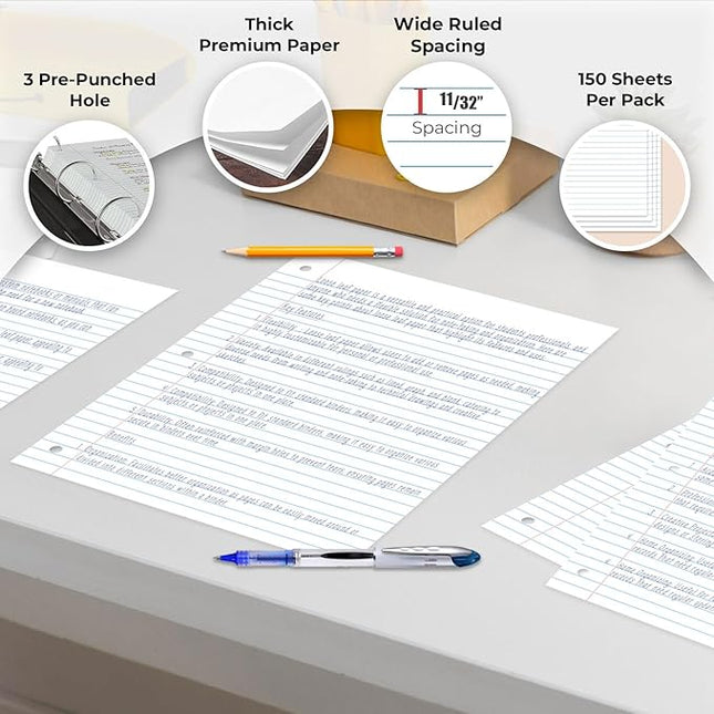 Rosmonde Loose Leaf Paper Bulk, 6750 Sheets, Wide Ruled, 8 x 10.5", Filler Papers for Office, 56 Gsm Thick Sheets, 3 Hole Punched for Binders, 45 Pack, 150 Sheets/Pack, Bulk Notebook Paper, White