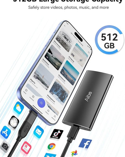 Aiibe 500GB External Solid State Drive USB C Portable SSD USB 3.2 Gen 2, Up to 1050MB/s, External SSD 500GB External Hard Drive for iPhone 15/Pro, Laptop, Mac and PS4 (Black)
