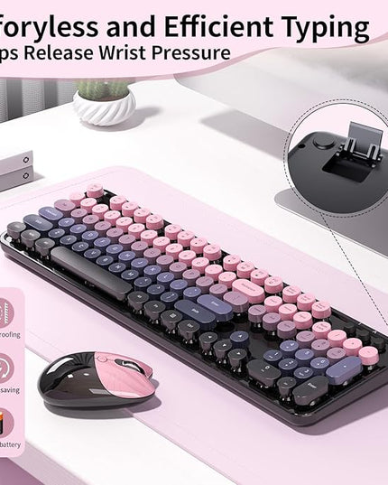 Wireless Keyboard and Mouse, MOFII 104 Round Keycaps Retro Typewriter with OTG & Brush, Full-Size Ergonomic, Ideal for Windows PC, Home, Office and College Peach Pink