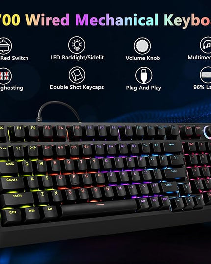 HUO JI Mechanical Gaming Keyboard Wired, 17 LED Backlit Modes, Liner Red Switch, Volume Knob, Anti-Ghosting, Double-Shot Shine Through Keycaps, 96% Light Up Keyboard for PC Mac