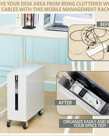 Extra Large Cable Management Box with Caster Wheels Adjustable Cord Hider Box for Power Strip Metal Router Hider Organizer Surge Protector Storage Organizer for Office, Home(White)