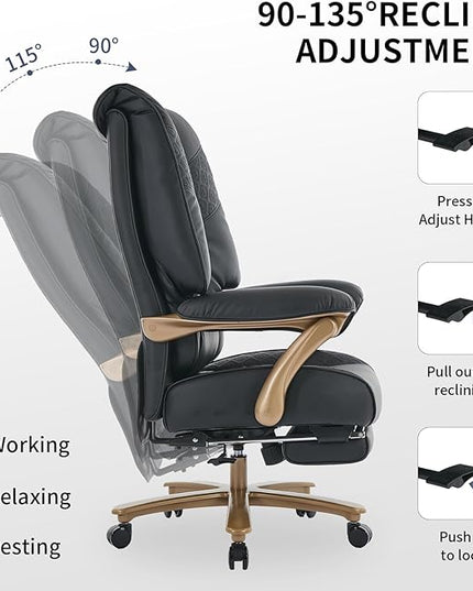 Big and Tall Executive Office Chair with Footrest, 400LBS Capacity Ergonomic High-Back Desk Office Chair with Lumbar Support, Padded Armrests & Thick Cushion, Black PU Leather Chairs