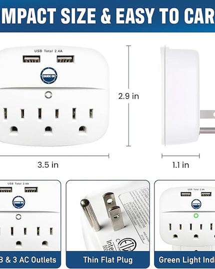 Cruise Approved Power Strip - Non Surge Protector for Cruise Ship with 2 USB Outlets - Cruise Ship Essentials 2026 for Carnival, Princess, Norwegian, Holland America, MSC & Major Cruise Lines (White)