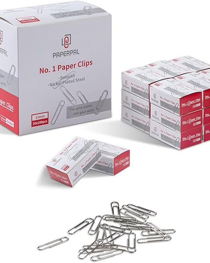 PAPERPAL Paperclips for Office School & Personal Use, #1 Smooth Paper Clip (1-2/7"), 2000 Medium Paper Clips (20 Boxes of 100 Each), Silver