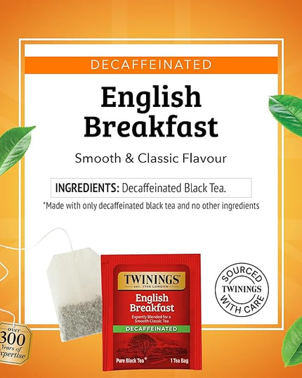 Twinings Decaffeinated English Breakfast Black Tea Individually Wrapped Bags, 25 Count (Pack of 6), Flavourful, Robust, Enjoy Hot or Iced, 150 Teabags