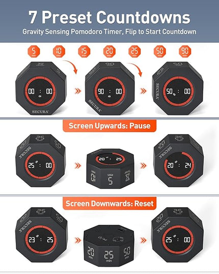 Secura Pomodoro Timer, Rotating Cube Time Tracker, Flip Gravity Sensor with 7 Presets(5/10/15/20/25/50/90 Minutes), Visual Progress Bar for ADHD, Kids, Tasks, Work, Study (Dark Gray)