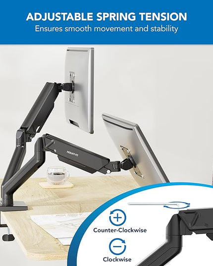 Mount-It! Full Motion Dual Monitor Mount with Spring Arms, 17" to 32", Full Motion Monitor Arm with Tilt, Rotation, Swivel, Height Adjustment, Clamp or Grommet, Fits VESA 75x75 and 100x100 - Black