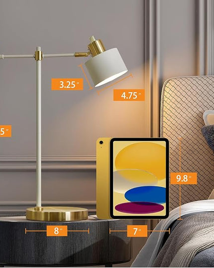 OYEARS Modern Industrial Desk Lamp for Reading LED 22.2“ Metal Table Lamp Light for Office Bedroom Study Room Living Room Nightstand Bedside Lamps Gold and Matte Cream Accent (Cream, Bulb Included)
