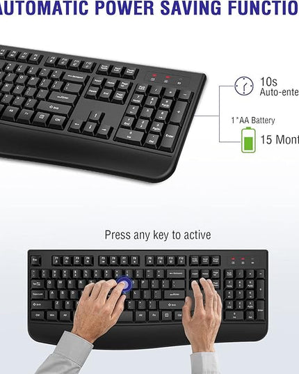 QUASIO Wireless Keyboard, 2.4G Full-Sized Ergonomic Wireless Computer Keyboard with Wrist Rest for Windows, Mac OS Laptop/PC/Desktop/Notebook(Black)