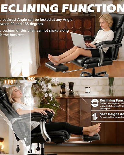 600LBS Large Heavy Duty Office Chair with Foot Rest,Reclining Big and Tall Office Chair with Pocket Spring Cushion, Comfy High Back with Adjustable Lumbar Support,Dual Rubber Wheel