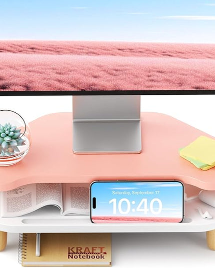 Monitor Stand Riser,2 Tier Corner Wood Monitor Stand Sturdy Computer Stand Multi-Purpose Desktop Storage Stand for Laptop,PC,iMac,Printer,Computer,Pink