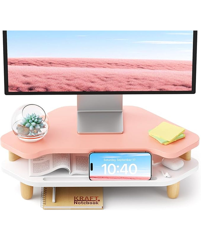 Monitor Stand Riser,2 Tier Corner Wood Monitor Stand Sturdy Computer Stand Multi-Purpose Desktop Storage Stand for Laptop,PC,iMac,Printer,Computer,Pink