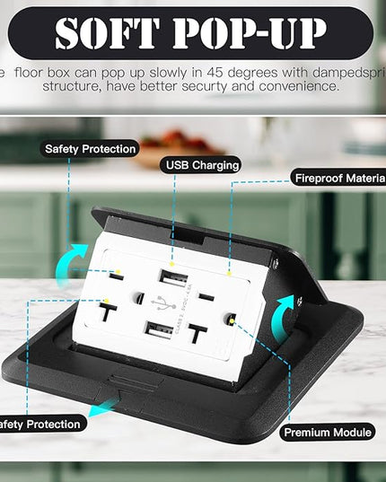 Hoolerry 8 Pack Pop up Floor Electrical Outlet Cover Box Kit with 4.8A USB Charger 20Amp Waterproof Weatherproof Floor Tamper Resistant Outlet Receptacle for Countertop Home (Black)