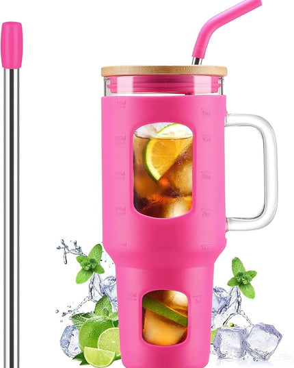Glass Tumbler with Straw and Lid, 40 oz glass cup with handle, Glass Water Bottles with Time Marker, Silicone Protective Sleeve-Rose Red