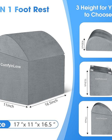 Foot Rest for Under Desk at Work - Non-Slip Foot Stool with 3 Adjustable Heights, Ergonomic Under Desk Footrest with Washable Cover for Desk, Home, Office, Car (Light Grey)