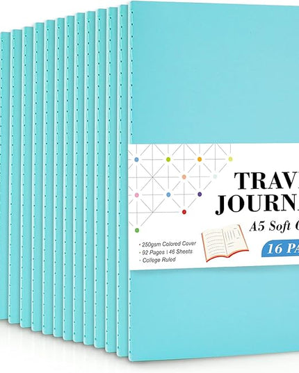 feela 16 Pack Soft Cover Journal Bulk, Lined Notebooks College Ruled for Work for Women Girl Writing, Blank Travel Journal Note Taking Notebook School Business Supplies, 8.2” x 5.5”, A5, Light Blue