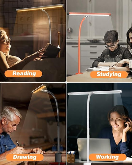 LED Desk Lamp for Office Home, Eye-Caring Desk Light with Stepless Dimming Adjustable Flexible Gooseneck, 10W USB Adapter Desk Lamp with Clamp for Reading, Study, Workbench (Orange)