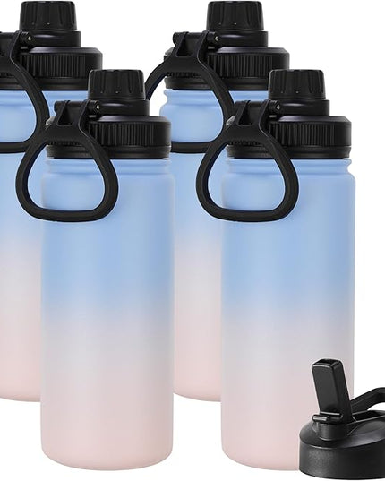 DOMICARE 16 oz Water Bottle for School Stainless Steel Double Wall Vacuum Insulated Water Bottle with Straw lids & Spout Lid, Leakproof BPA Free (Blue/Pink,4)