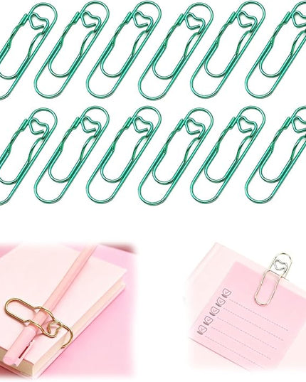 12 Pcs Colorful Metal Pen Clips,Pen Holder Clips for Notebook Journal and Book,Heart Papers Paperclip Bookmarks,School Office Supplies for Students Professionals and Teachers (Green)