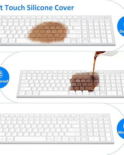 Wireless Keyboard and Mouse, GALENMORO Silent Quiet Combo Low Profile USB C Full Size Compact with Number Pad Flat Soft Touch Cordless for Mac Computer PC Laptop Macbook iMac Office - White and Silver